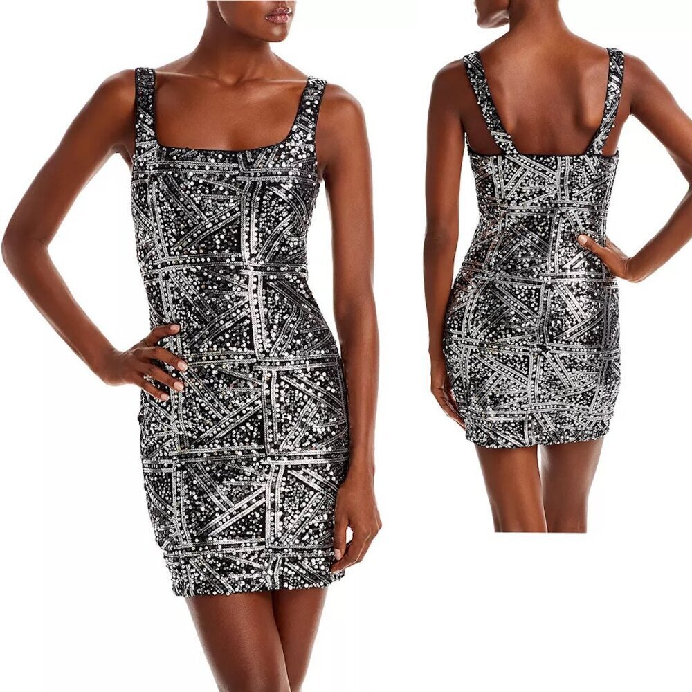 NWT New $118 Aqua Geo Metallic Sequin Mini Dress Size M